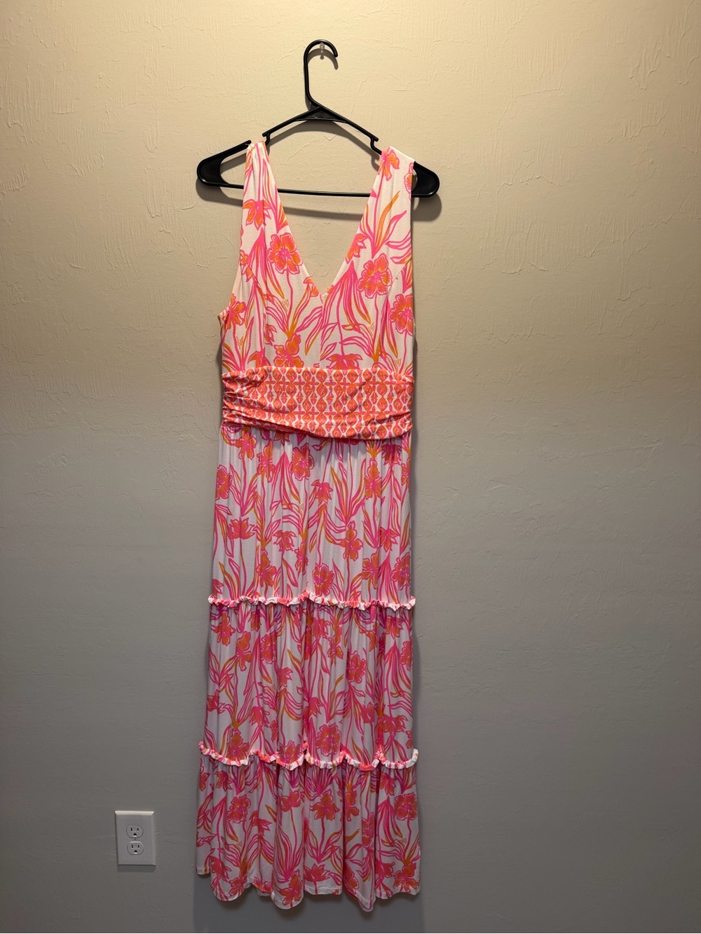 Lilly Pulitzer Pink & Orange Floral V‑Neck Tiered Maxi Dress